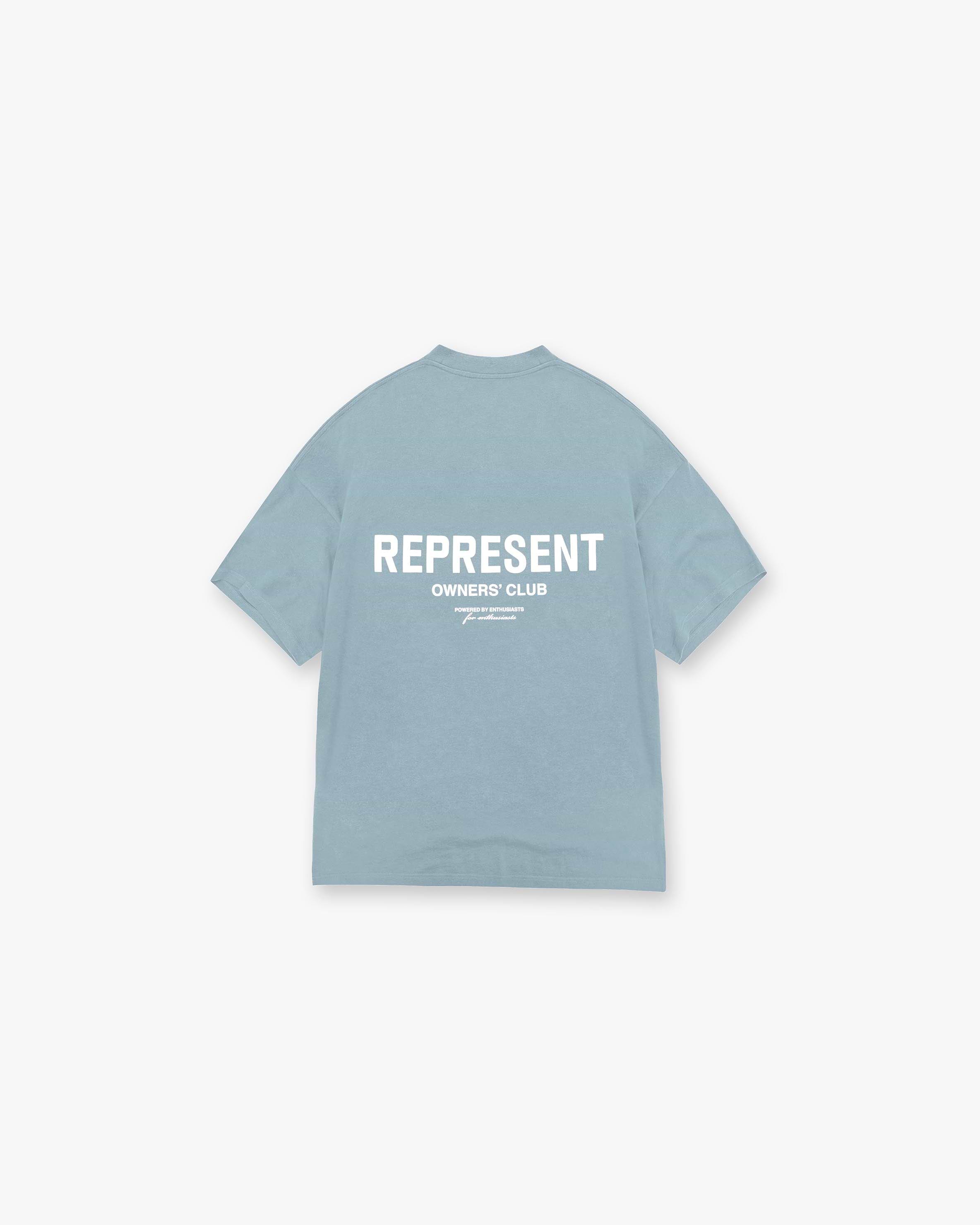 Front product image of a mens blue t-shirt on a plain white background | Represent Owners Club T-Shirt in Powder Blue | Heavyweight boxy fit t-shirt with ribbed cuffs | Owners Club T-Shirts | Represent Clo
