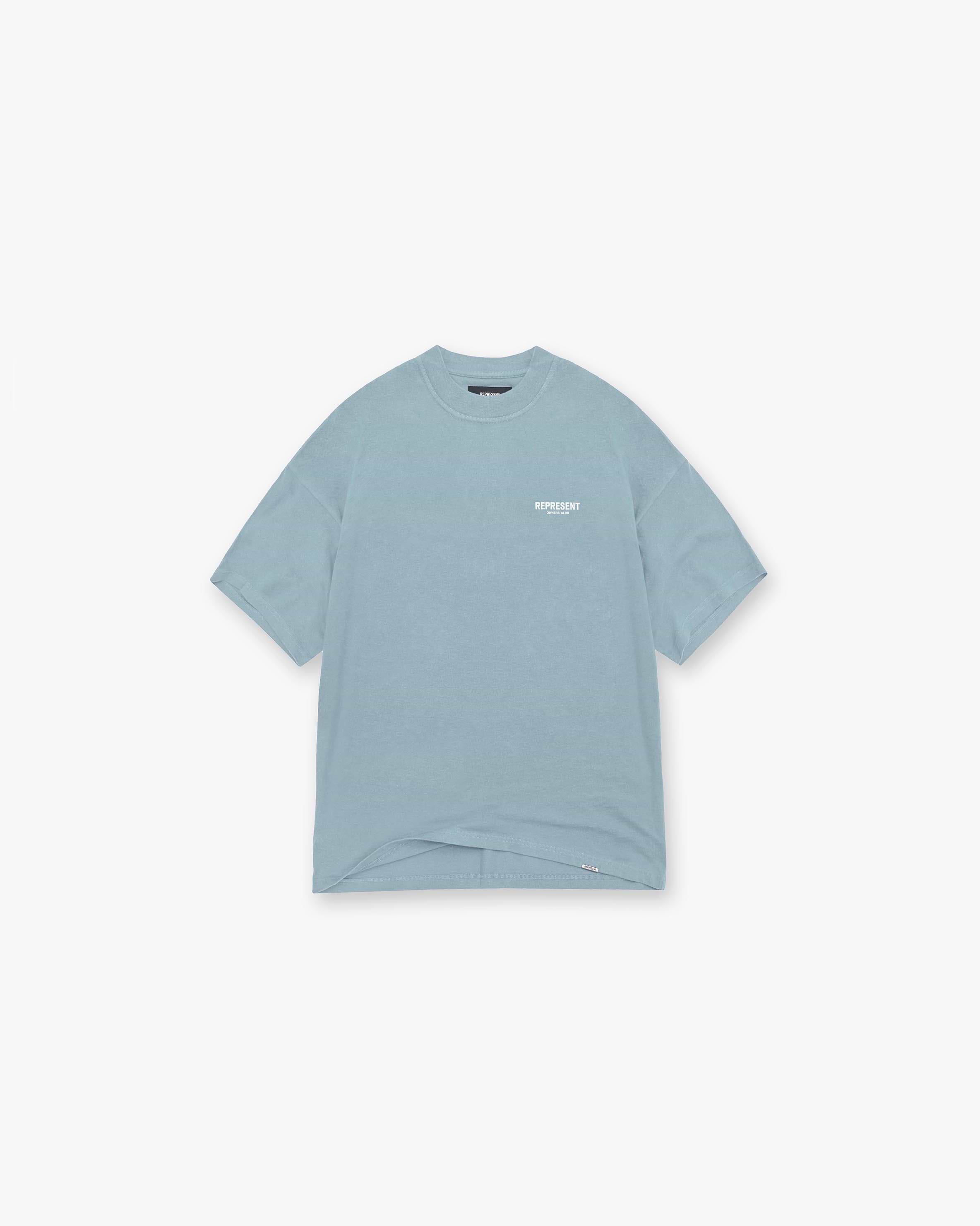 Back product image of a mens blue t-shirt on a plain white background | Represent Owners Club T-Shirt in Powder Blue | Oversized short sleeve cotton t-shirt with ribbed crewneck | Owners Club T-Shirts | Represent Clo