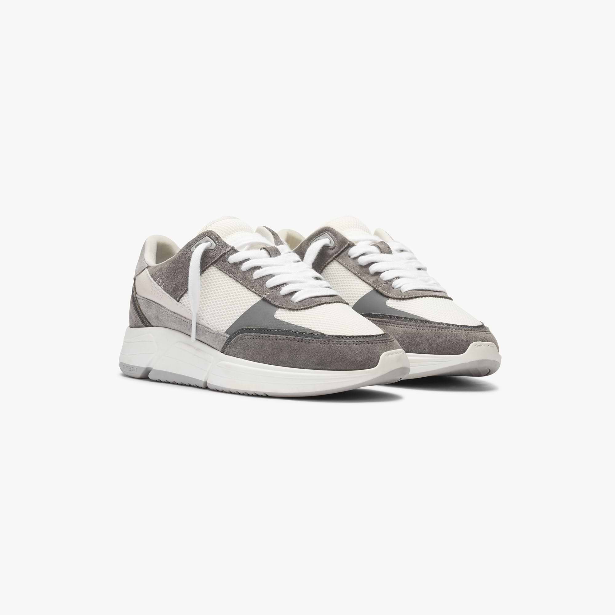 Back product image of mens grey trainers on a plain white background | Harrier in Grey Vintage White | Runner silhouette trainers with suede and leather uppers | SS22 Footwear | Represent Clo