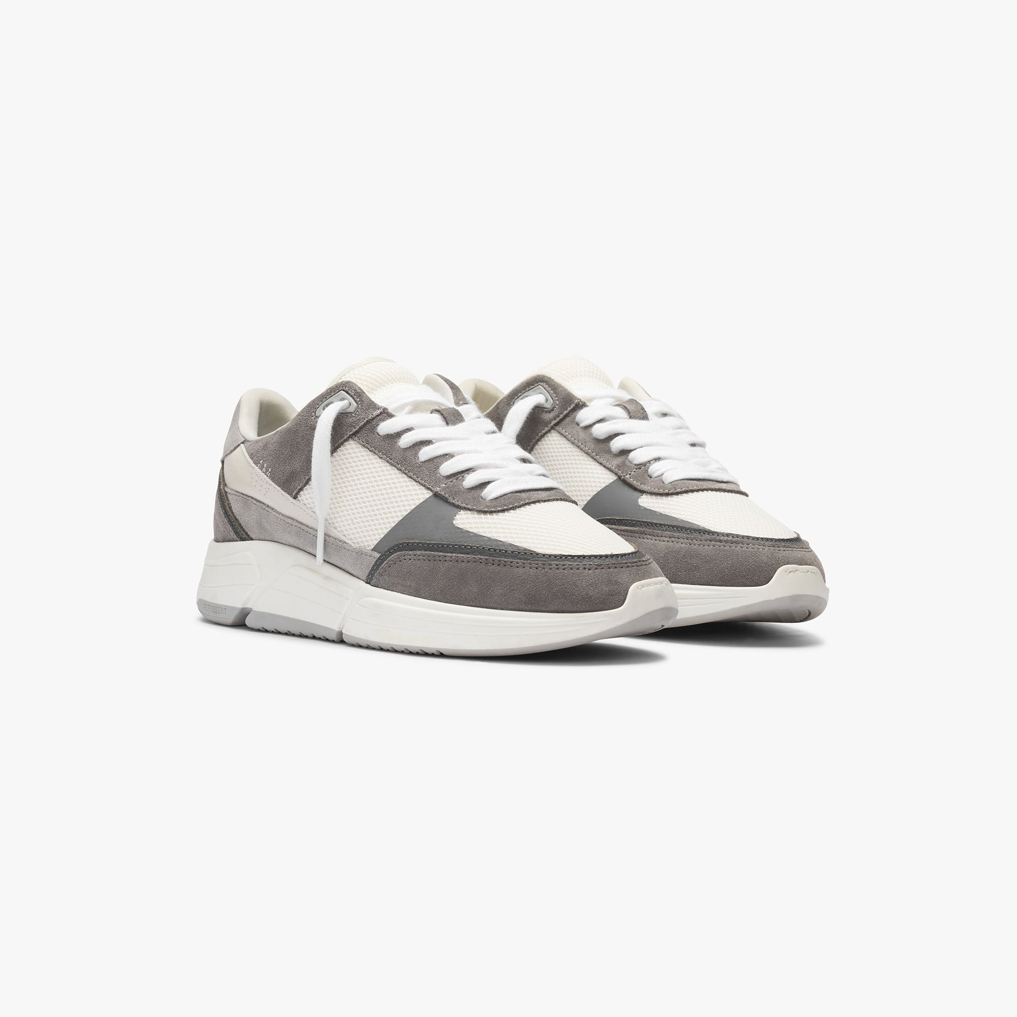 Back product image of mens grey trainers on a plain white background | Harrier in Grey Vintage White | Runner silhouette trainers with suede and leather uppers | SS22 Footwear | Represent Clo