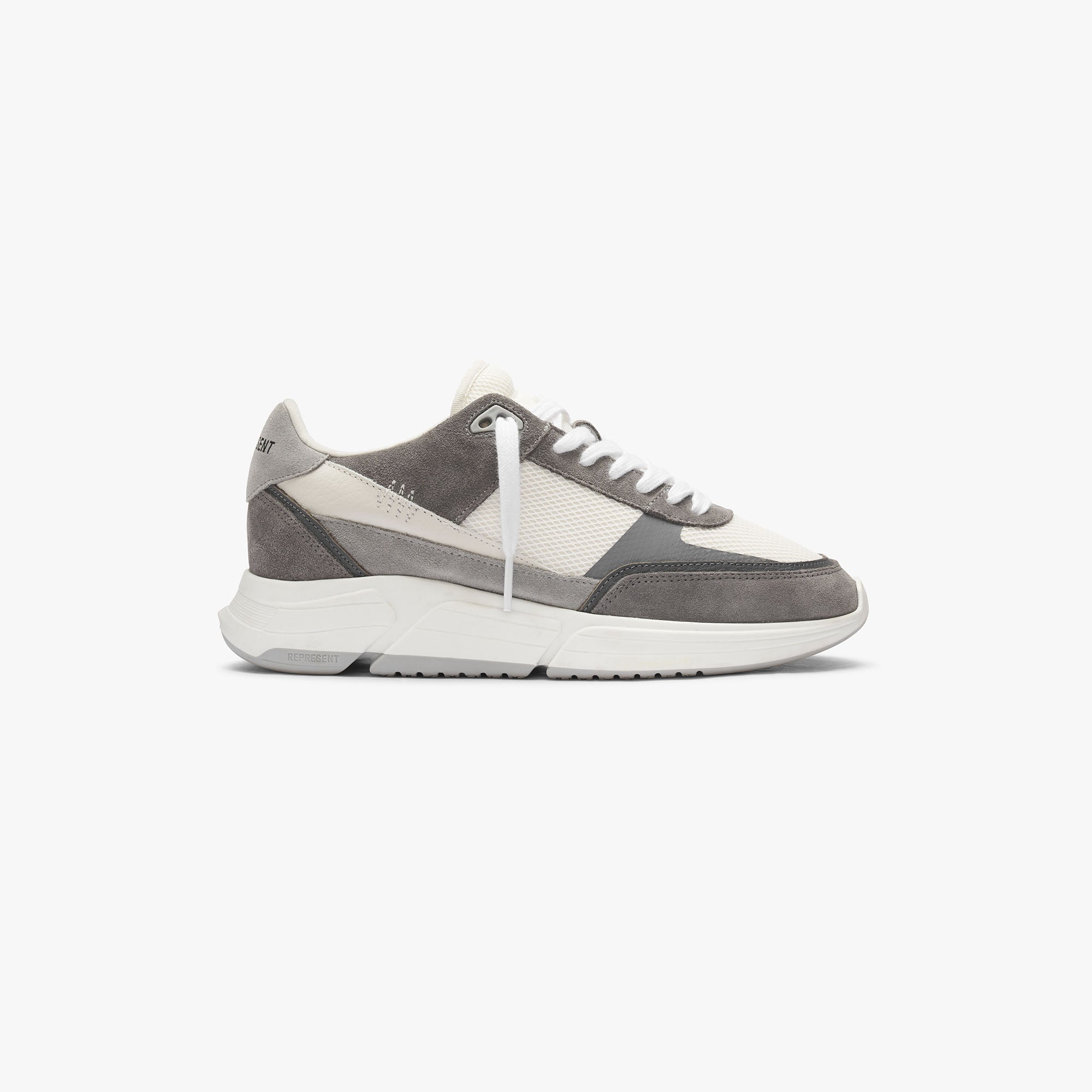 Front product image of mens grey and vintage white footwear on a plain white background | Harrier in Grey and Vintage White | Lightweight footwear with 247 logo detail | SS22 Footwear | Represent Clo