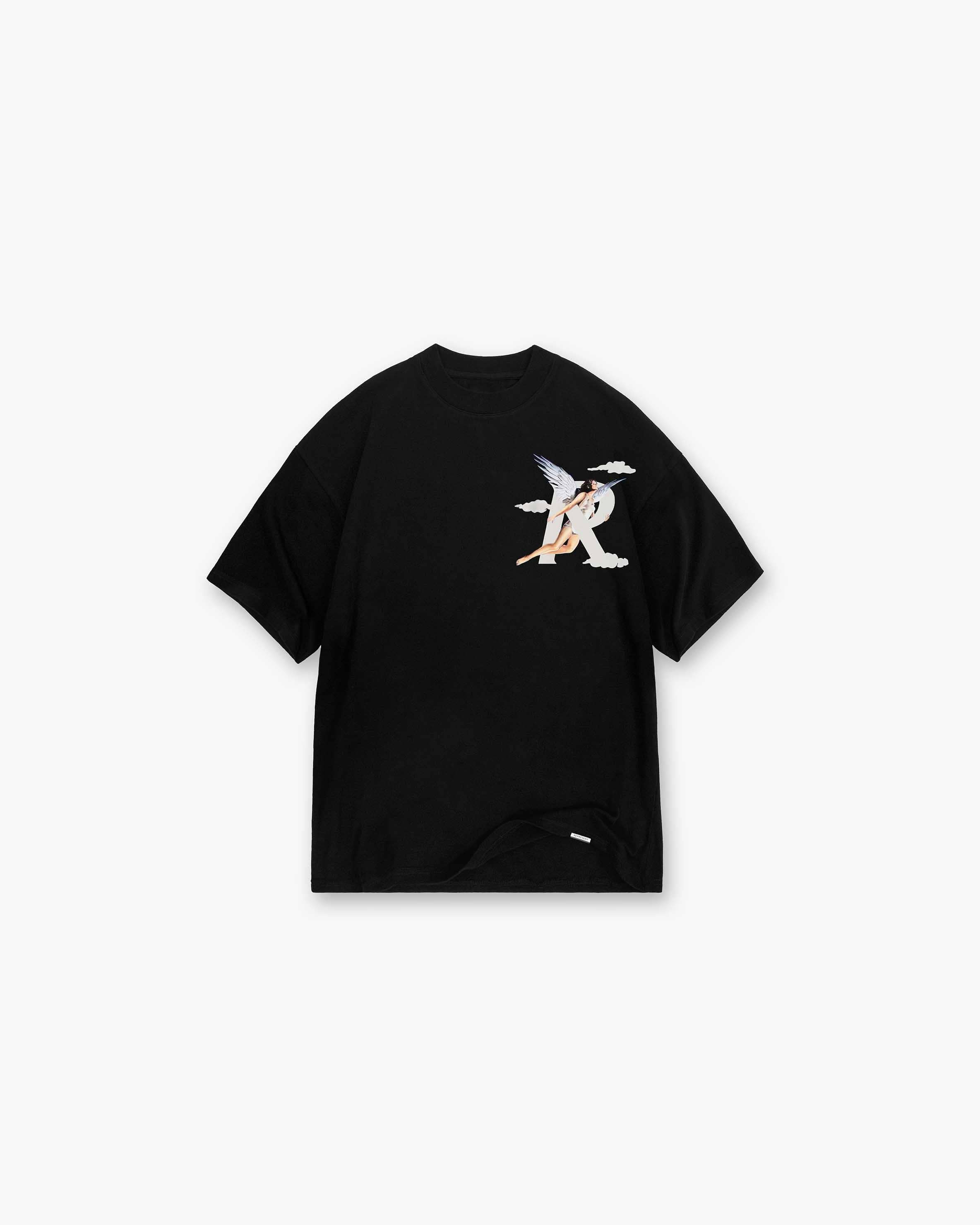 Front product image of a mens black t shirt on a plain white background | Storms In Heaven T Shirt in Black | T shirt with all over logo design | SS23 T-Shirts | Represent Clo