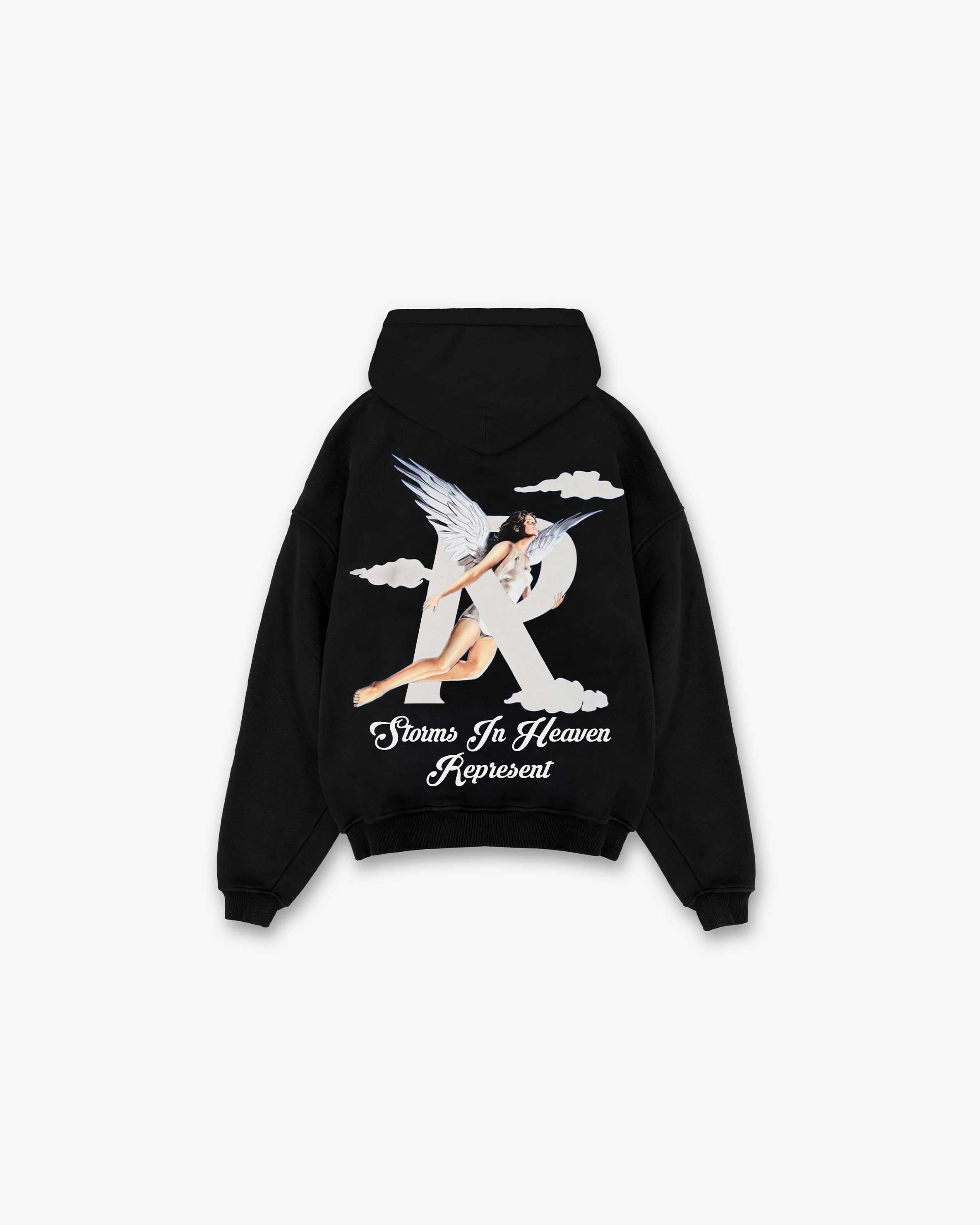 Back product image of a mens black graphic hoodie on a plain white background | Storms In Heaven Hoodie in Black | Oversized fit with ribbed trims and cobrax popper | SS23 Hoodies | Represent Clo