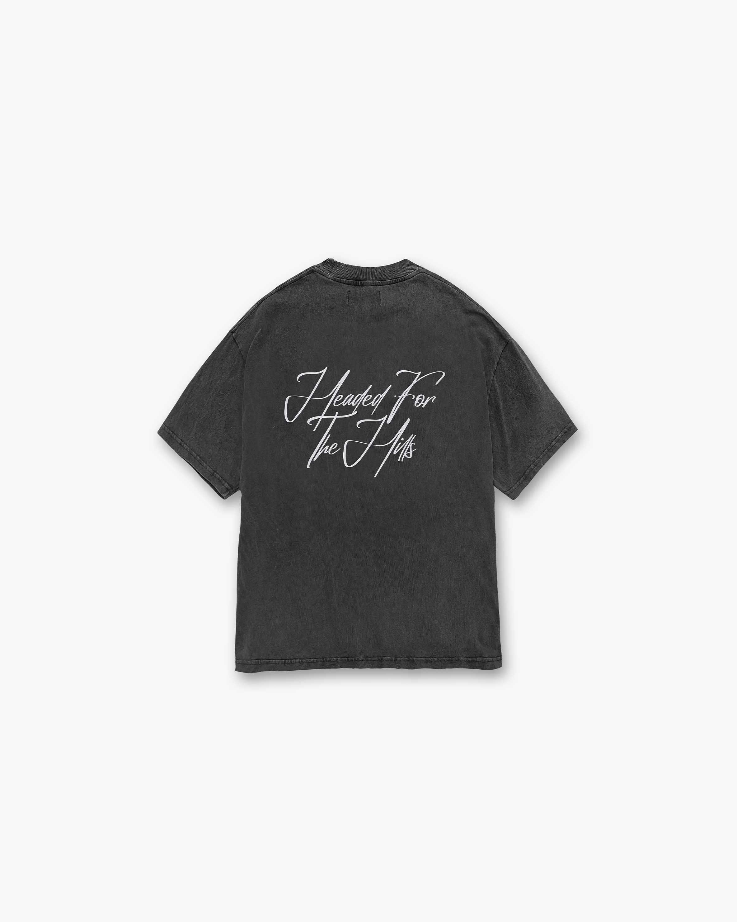Back product image of a mens grey t-shirt on a plain white background | The Hills T-Shirt in Vintage Grey | Short sleeve t-shirt with oversized fit and back graphic | SS23 T-Shirts | Represent Clo