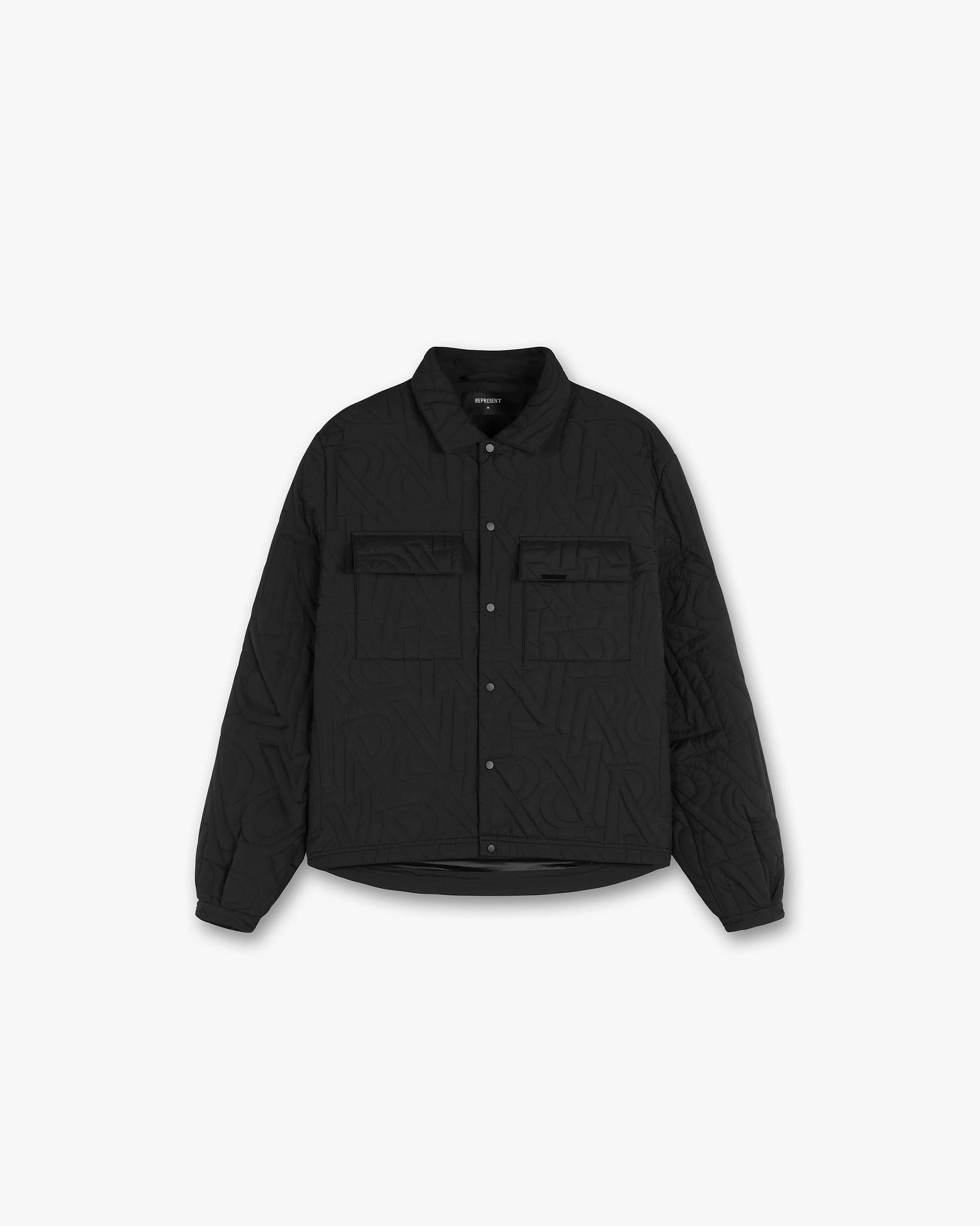 Front product image of a mens black overshirt on a plain white background | Initial Quilted Overshirt in Black | Quilted overshirt | PRE SS23 Shirts | Represent Clo