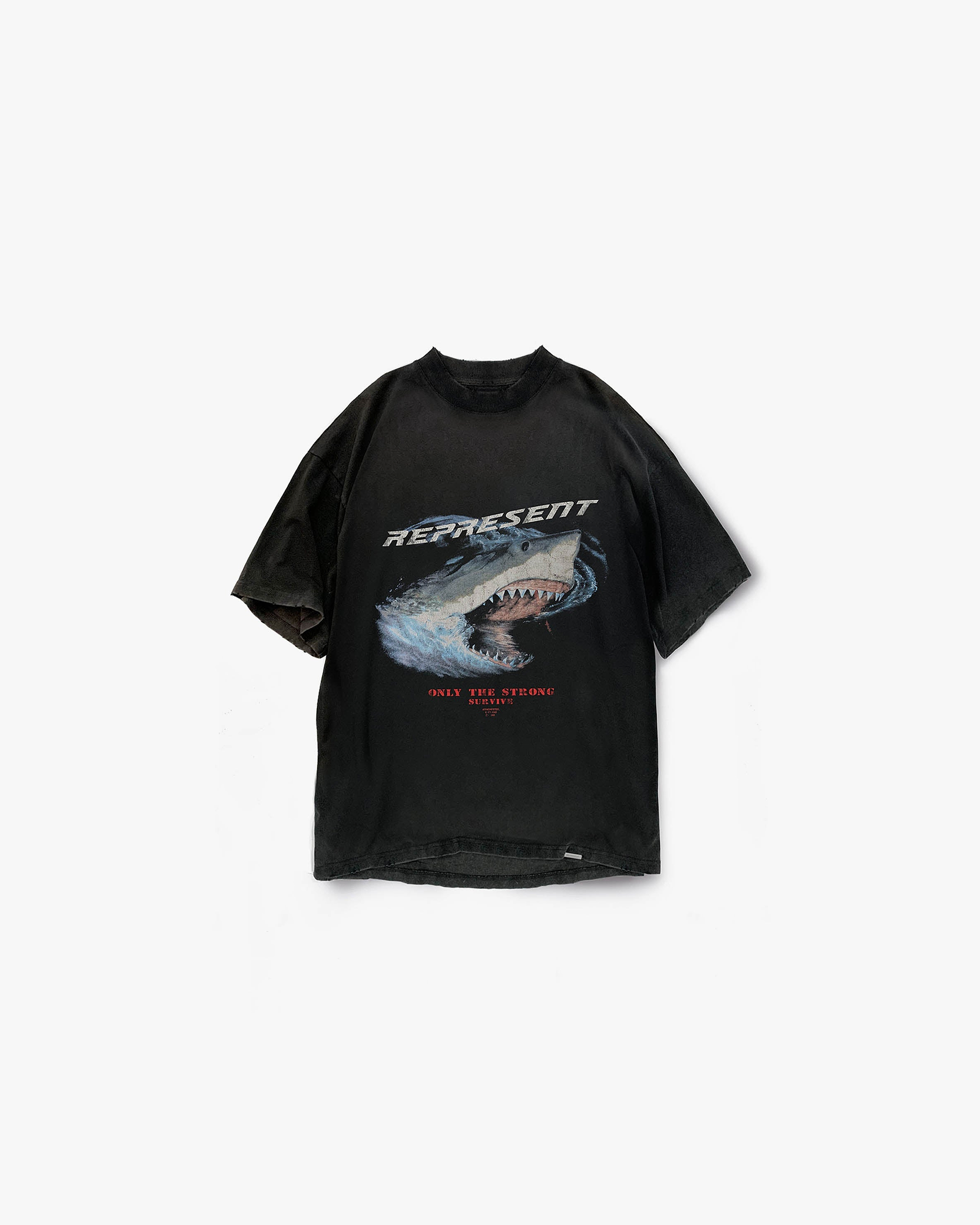 Front product image of a mens black t-shirt on a plain white background | Only The Strong Survive T-shirt in Vintage Black | Heavy weight cotton t-shirt with tonal logo embroidery | SS21 T-Shirts | Represent Clo