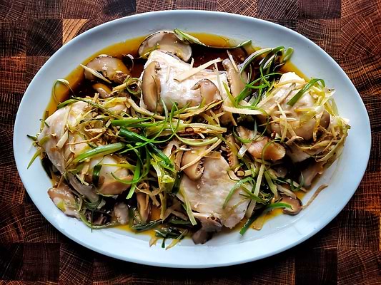 CANTONESE STEAMED GINGER SCALLION HALIBUT