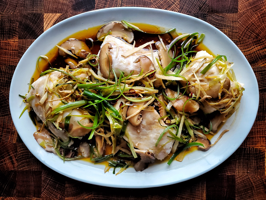 CANTONESE STEAMED GINGER SCALLION HALIBUT
