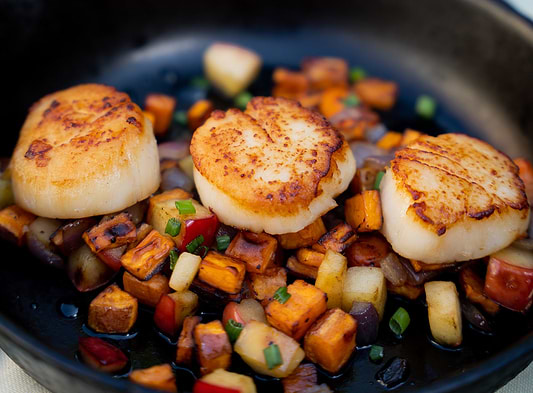 Seared Scallops with Sweet Potato Apple & Red Onion Hash Recipe