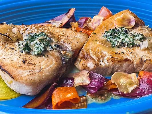 Pan Roasted Swordfish with Shaved Root Vegetables & Warm Mustard Seed Vinaigrette Recipe
