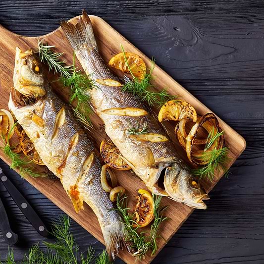 Whole Bass Fish Roasted with Potatoes