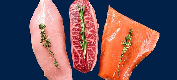 Chicken Breast, Steak and Salmon